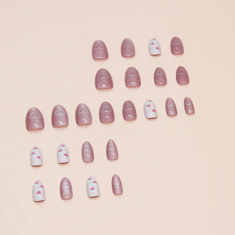 24Pcs Almond Press-On Nails Set with Heart & Strawberry Designs – Glossy Acrylic Fake Nails for Women & Girls