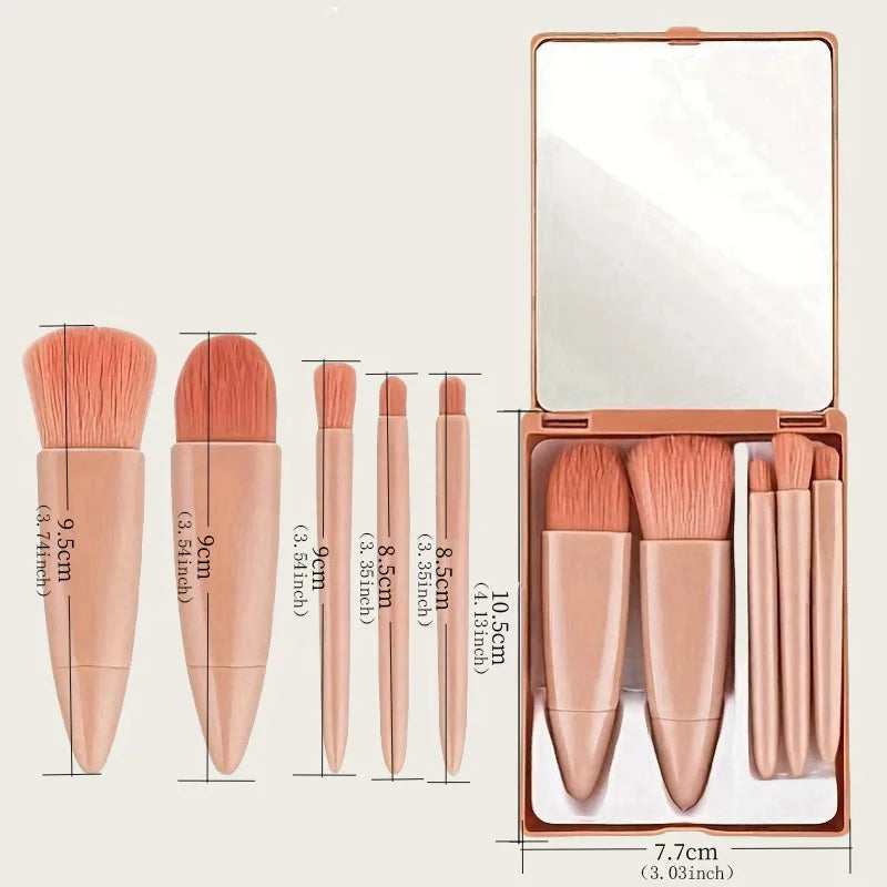 Foldable Makeup Brush Set with Mirror - Portable Travel Kit, 5-Piece Professional Cosmetic Brushes