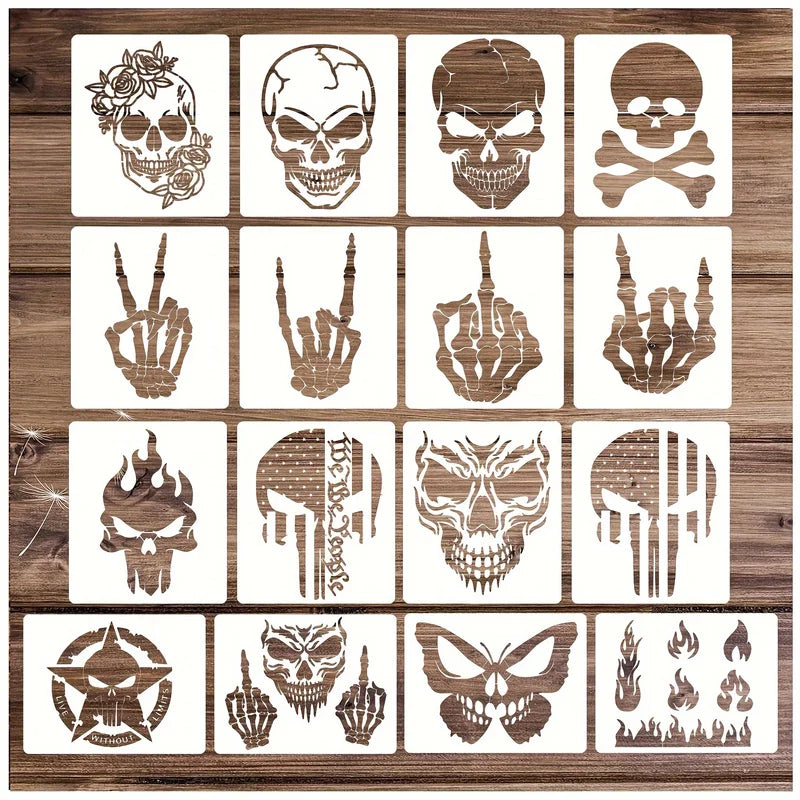 16 Pcs 5x6 Inch Skull Fire Stencils for Painting Wood Wall Canvas Halloween Decor
