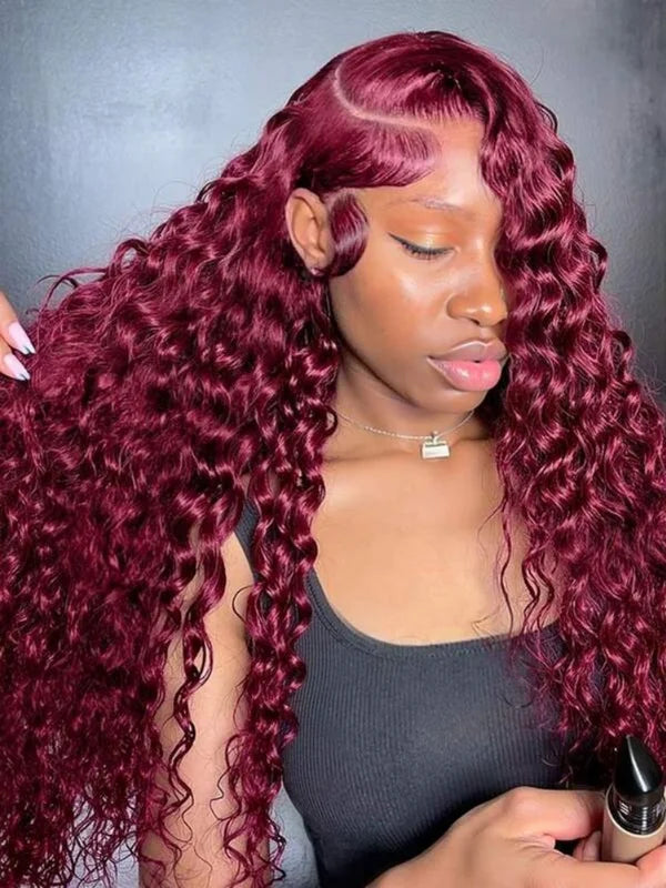 Deep Curly Human Hair Wigs Burgundy 13x4 HD Transparent Lace Front Pre Plucked with Baby Hair - 16-34 Inch