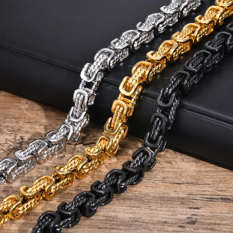 Stainless Steel Byzantine Bracelet for Men - Vintage Style Bold Square Links