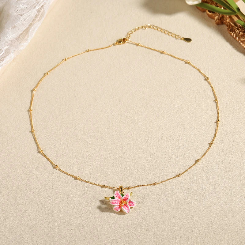 Pink Lily Flower Pendant Necklace for Women - Gold Plated Floral Charm Jewelry