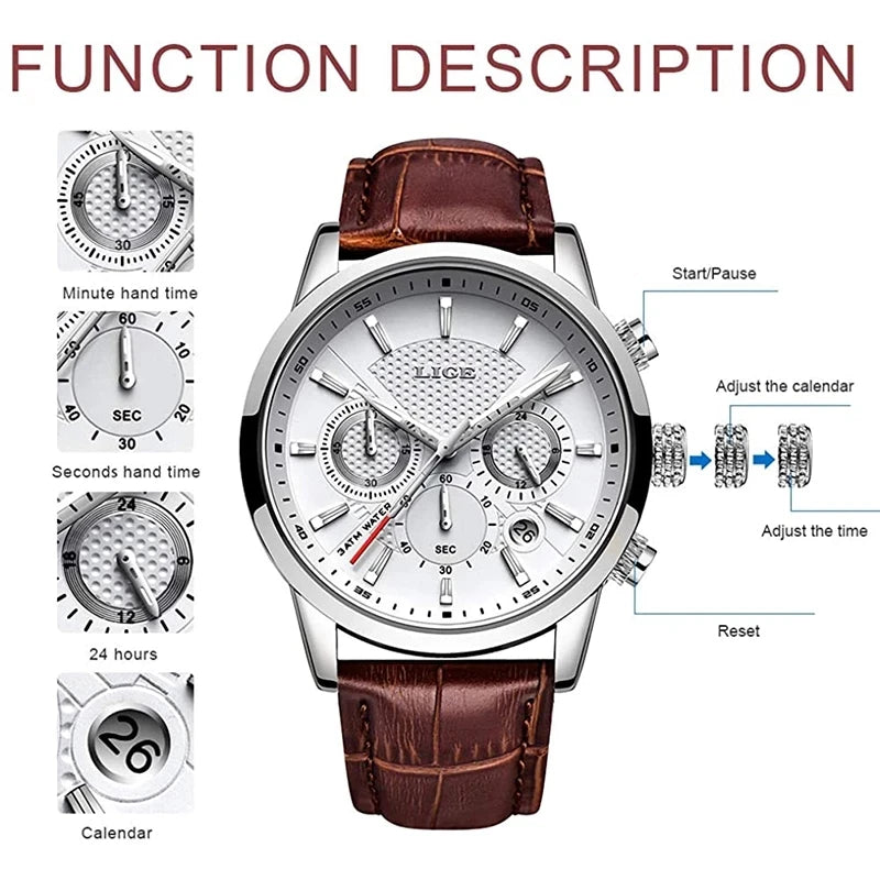 Men's Sports Quartz Watch with Leather Strap Waterproof Date
