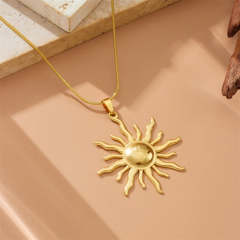 Sun Pendant Necklace for Women Girls 316L Stainless Steel Gold Solar Jewelry Gift