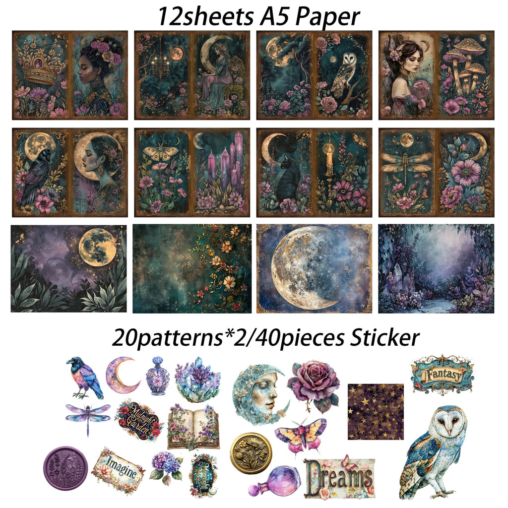 52Pcs Gothic Midnight Garden Scrapbook Paper & Sticker Set for Arts Crafts & Holiday Projects