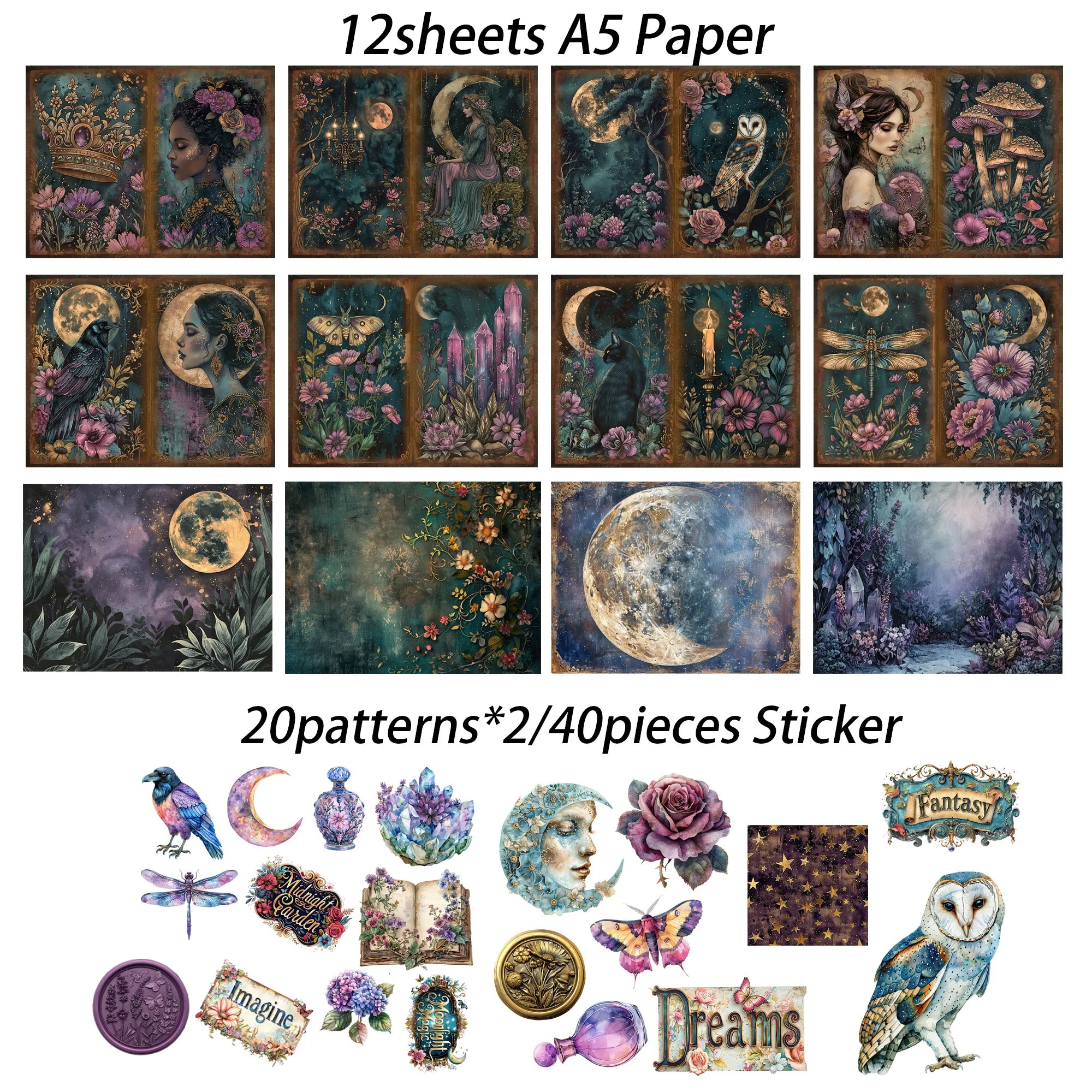 52Pcs Gothic Midnight Garden Scrapbook Paper & Sticker Set for Arts Crafts & Holiday Projects