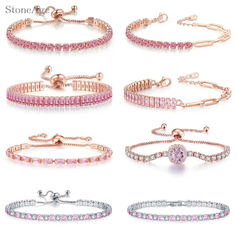Pink Crystal Tennis Bracelets for Women - Adjustable Chain Jewelry