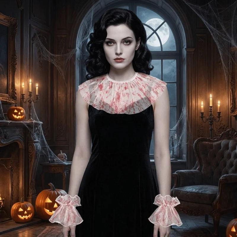 Blood Colored Dress Up Set with Lace Pleats and Detachable Ruffles for Costume Play