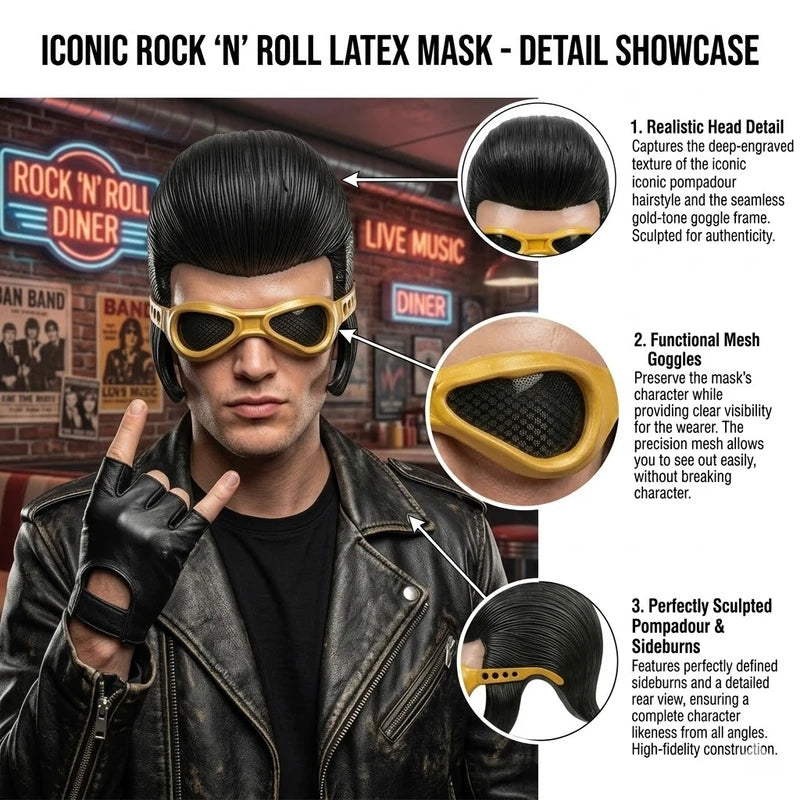 Elvis Presley Inspired Half Face Latex Mask Retro Rock & Roll Costume Prop for Halloween