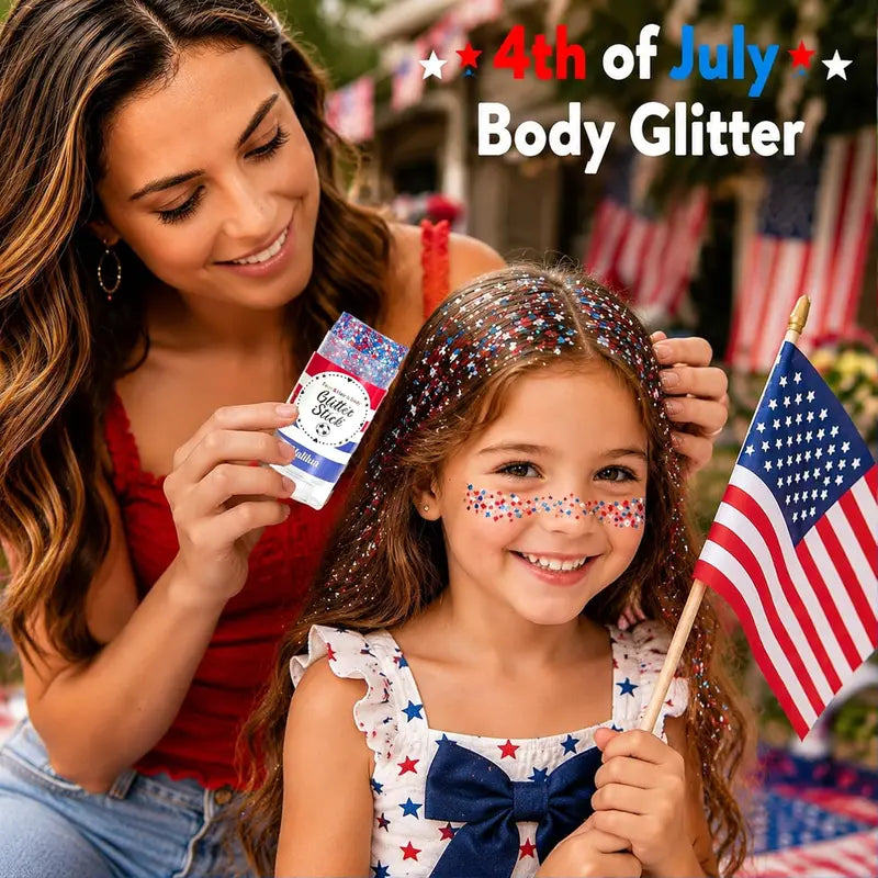 Waterproof Glitter Stick for Face Hair Body & Nails - Patriotic 4th of July Festival Makeup