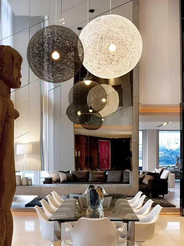 Nordic Rattan Weaving Spherical Pendant Light LED Chandelier for Living Room Loft
