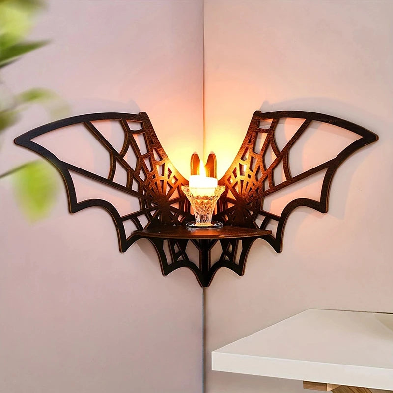 Bat Shaped Floating Corner Shelf - Wooden Gothic Wall Display Shelf for Home Decor