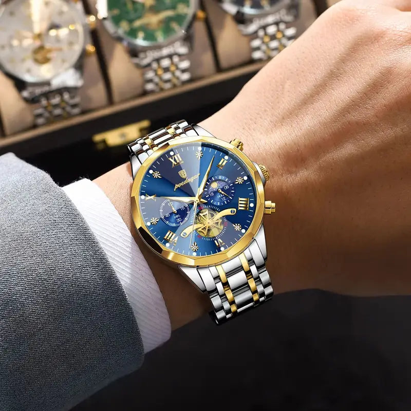 Luxury Waterproof Men’s Chronograph Watch with Luminous Dial - Stainless Steel Quartz Business Wristwatch