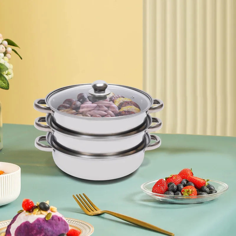 28cm 3-Tier Stainless Steel Food Steamer Set with Glass Lid for Healthy Cooking
