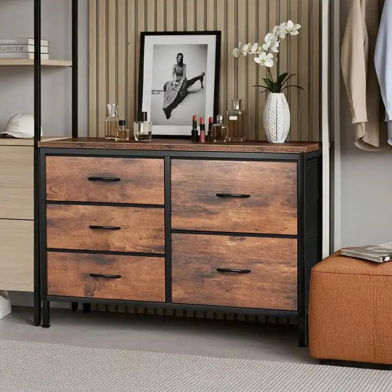 5 Storage Drawers for Living Room and Bedroom - Fabric Dresser with Metal Frame
