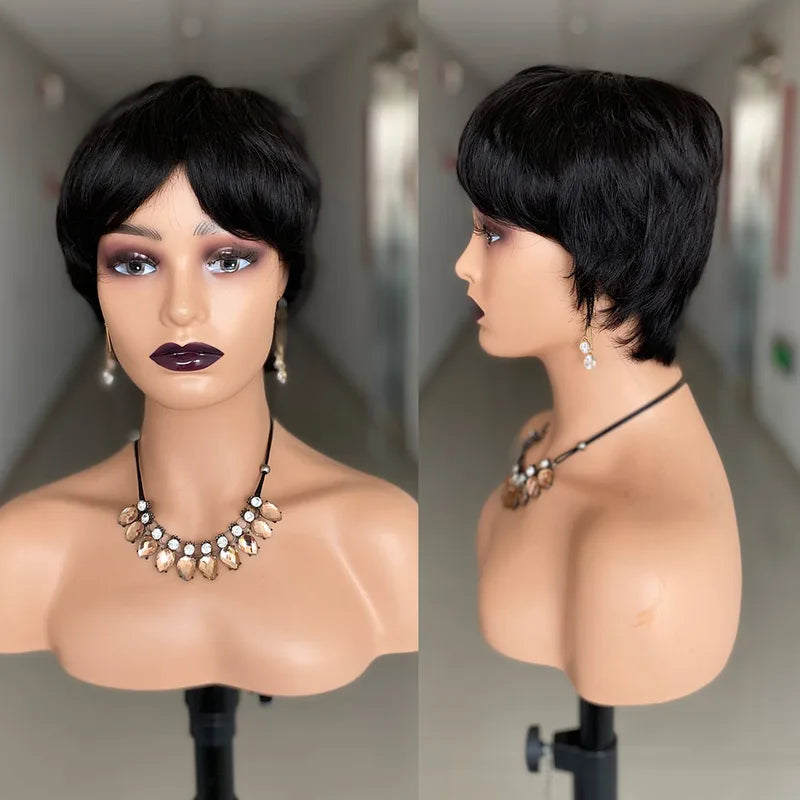 Short Pixie Cut Human Hair Wig - Brazilian Straight Black Wigs for Women