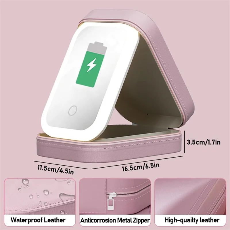 Travel Makeup Brush & Jewelry Storage Bag with LED Lighted Mirror