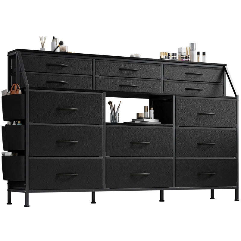 14-Drawer Storage Dresser & TV Stand with Shelves - Wide Fabric & Wood Chest for Bedroom & Living Room