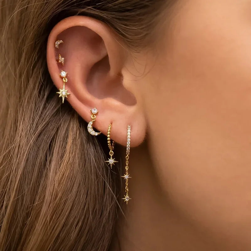 3-Pack Gold Color Stainless Steel Moon Star Zircon Stud Earrings for Women Jewelry Set