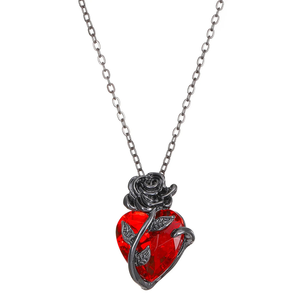 Gothic Rose Red Heart Necklace for Women Y2K Grunge Jewelry Dainty Pendant