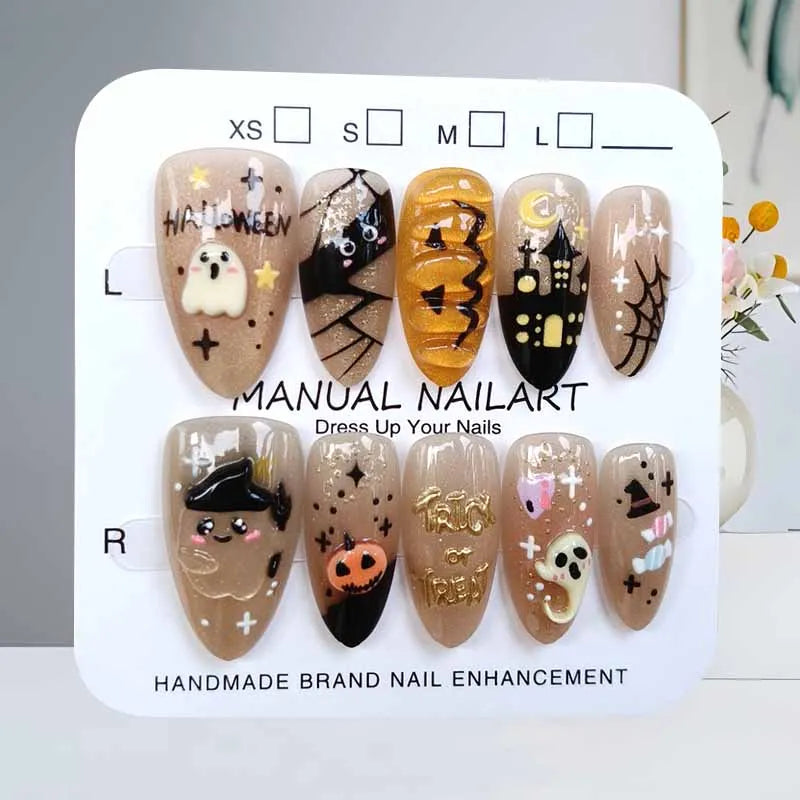10Pcs French Style Cute 3D Short Almond False Nails with Cat Eye Design