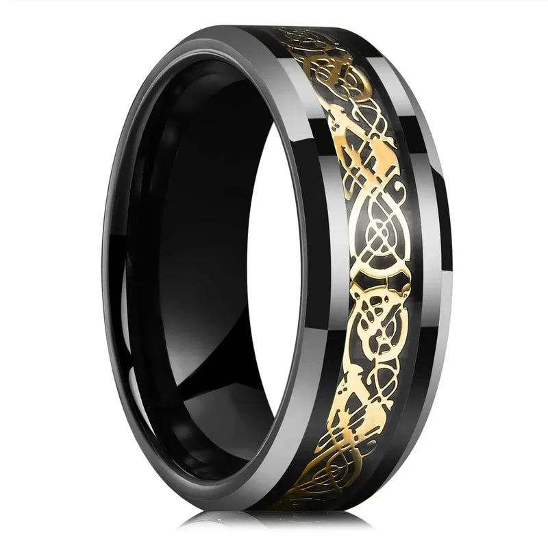 Men Women Celtic Dragon Rings Stainless Steel Inlay Carbon Fiber Jewelry