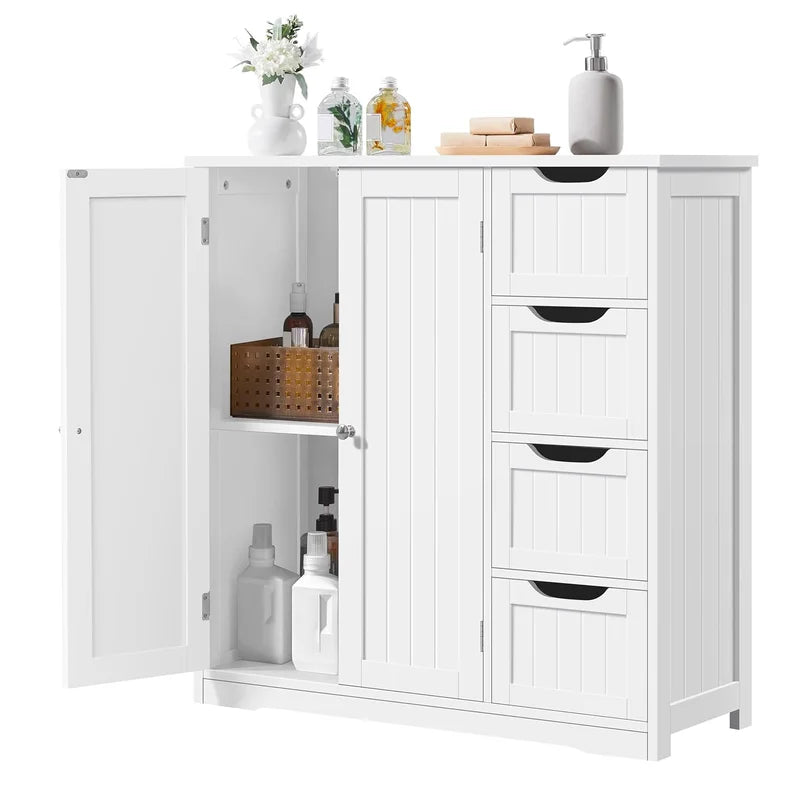 Wooden Bathroom Floor Cabinet with 4 Drawers & Double Doors, White Freestanding Storage Organizer