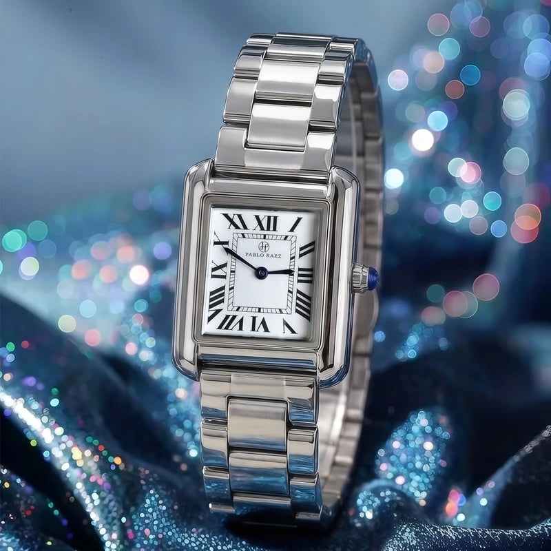 Couple Waterproof Quartz Watch with Roman Numeral Dial Stainless Steel Band