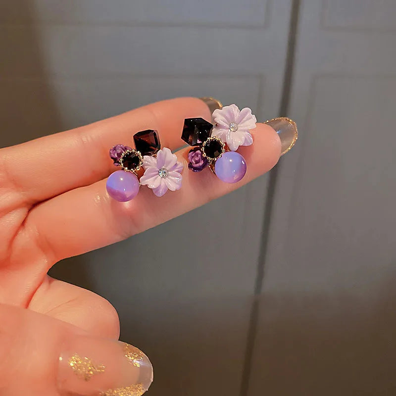 Purple Crystal Flower Stud Earrings for Women Jewelry Set Bridal Party Gift