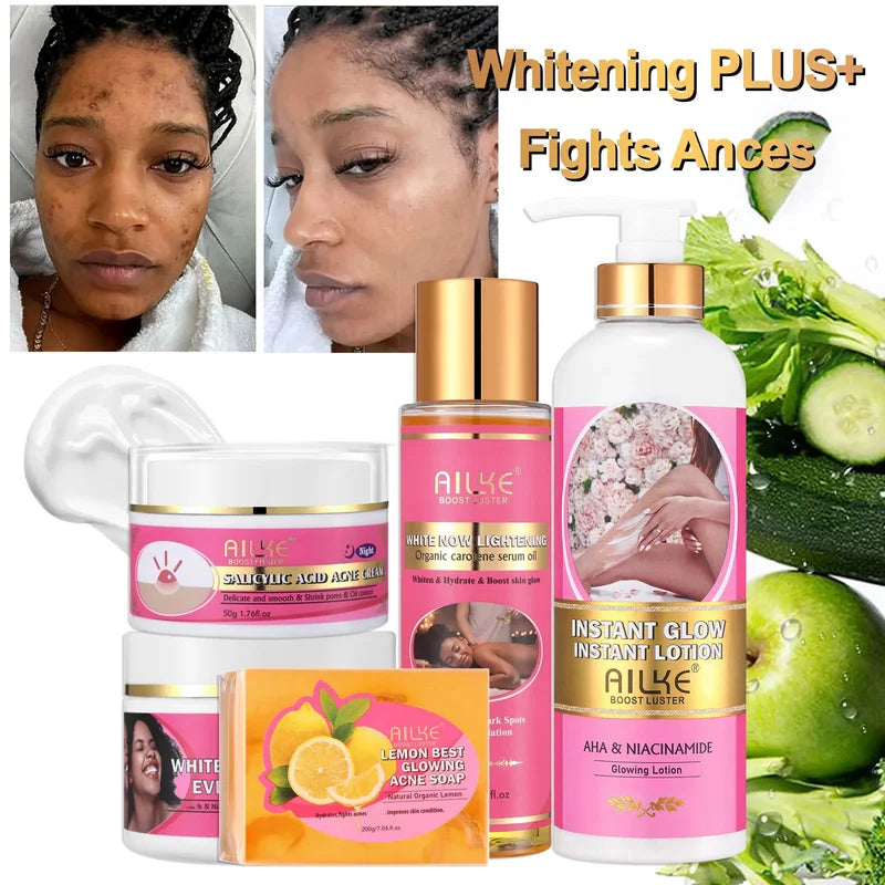Natural Skin Brightening Set for All Skin Types - Acne, Dark Spots, Moisturize, Lighten, Smooth