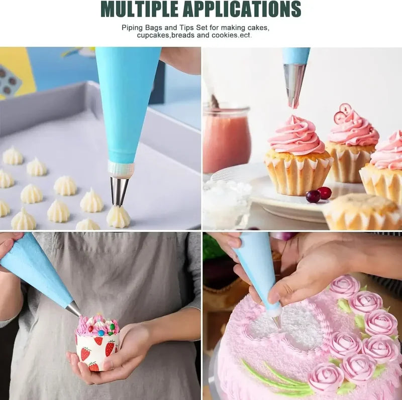 Reusable Cake Decorating Piping Set with Stainless Steel Tips & Silicone Pastry Bags