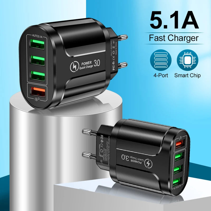 4 Ports USB Fast Charger 48W Wall Adapter Quick Charge 3.0 for Smartphones