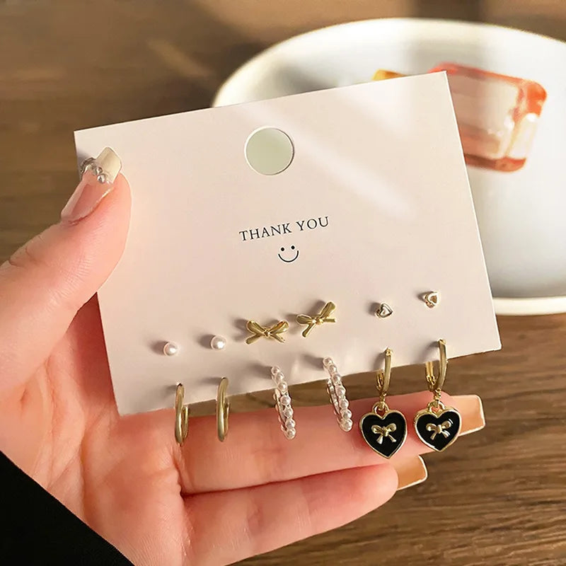 6-Pair Heart-Shaped Butterfly Hoop Earrings Set for Women - Trendy Jewelry