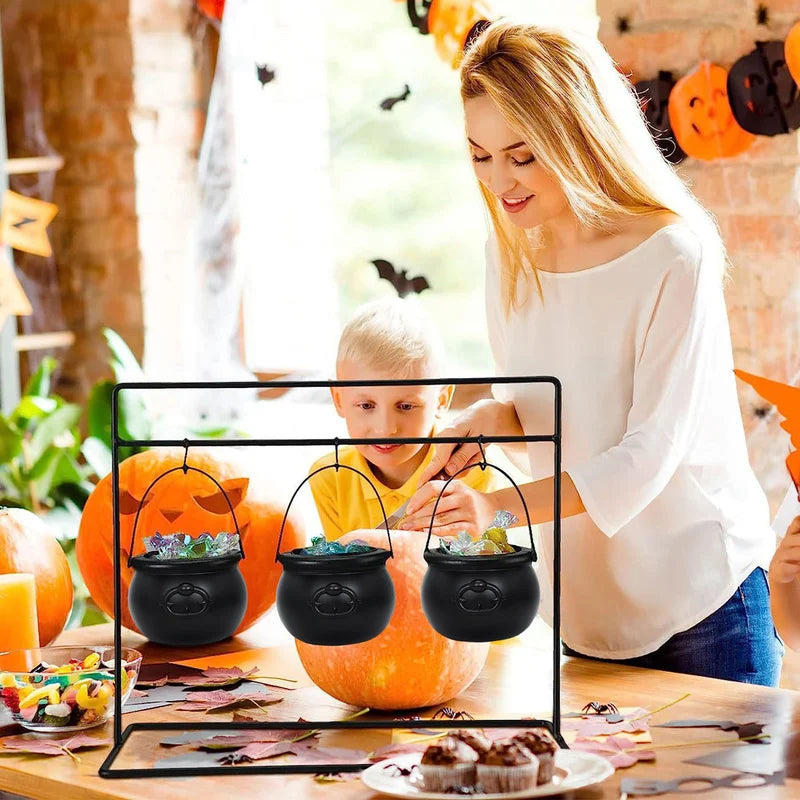Halloween Candy Bowl Decorations Black Plastic Cauldron with Iron Rack for Parties