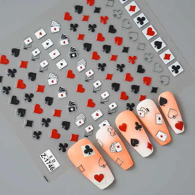 Poker Nail Art Stickers 5D Embossed Playing Card Nail Decals DIY Manicure