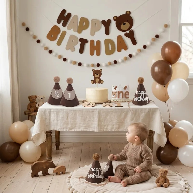 Boho Felt Teddy Bear Party Decor Set with Birthday Banner and Foil Balloons