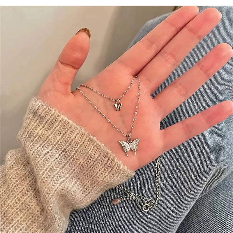 Shiny Butterfly Necklace for Women Double Layer Clavicle Chain Jewelry Gift