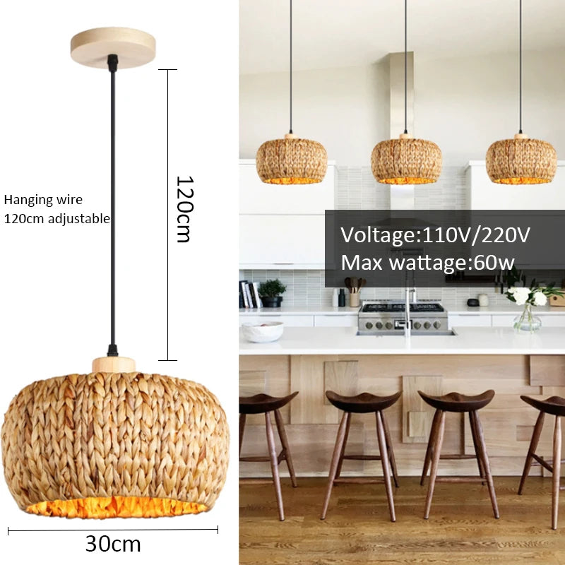 Wicker Rattan Pendant Light Fixture for Kitchen & Living Room Home Decor