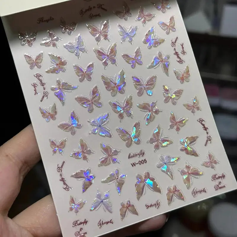 Pink Purple Aurora Shell Butterfly Nail Stickers - Shiny Laser 3D Decals for Nail Art