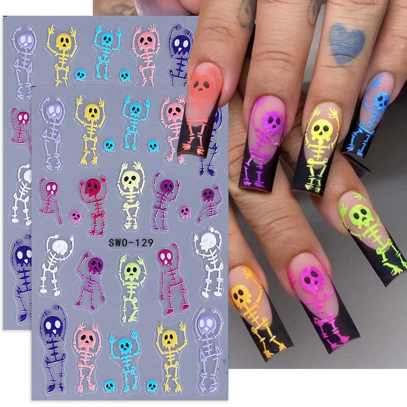2pcs Skeleton Halloween Nail Stickers Cartoon Skull Head Textured Decals DIY Manicure Accessories