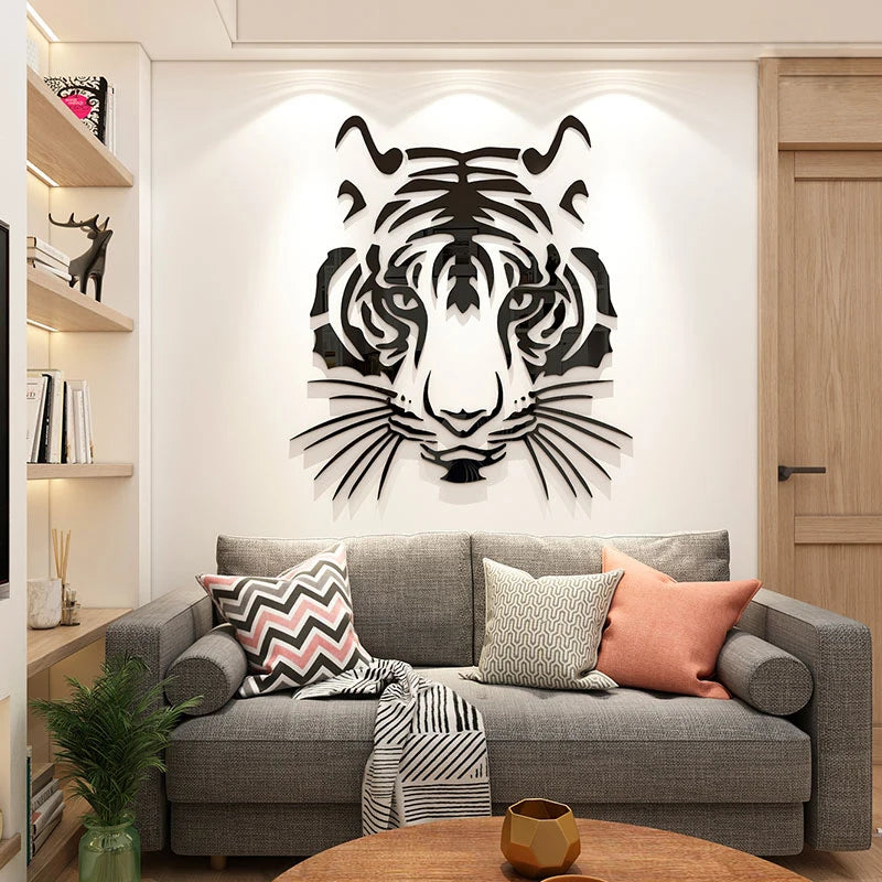 3D Tiger Head Wall Mirror Sticker - Self-Adhesive Acrylic Wall Art for Living Room