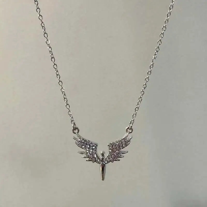 Silver Angel Wings Pendant Necklace - Unique Clavicle Chain Choker Jewelry