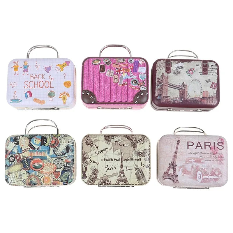 Mini Suitcase Candy Box Set - Rectangular Metal Food Storage Tin with Hinged Lid