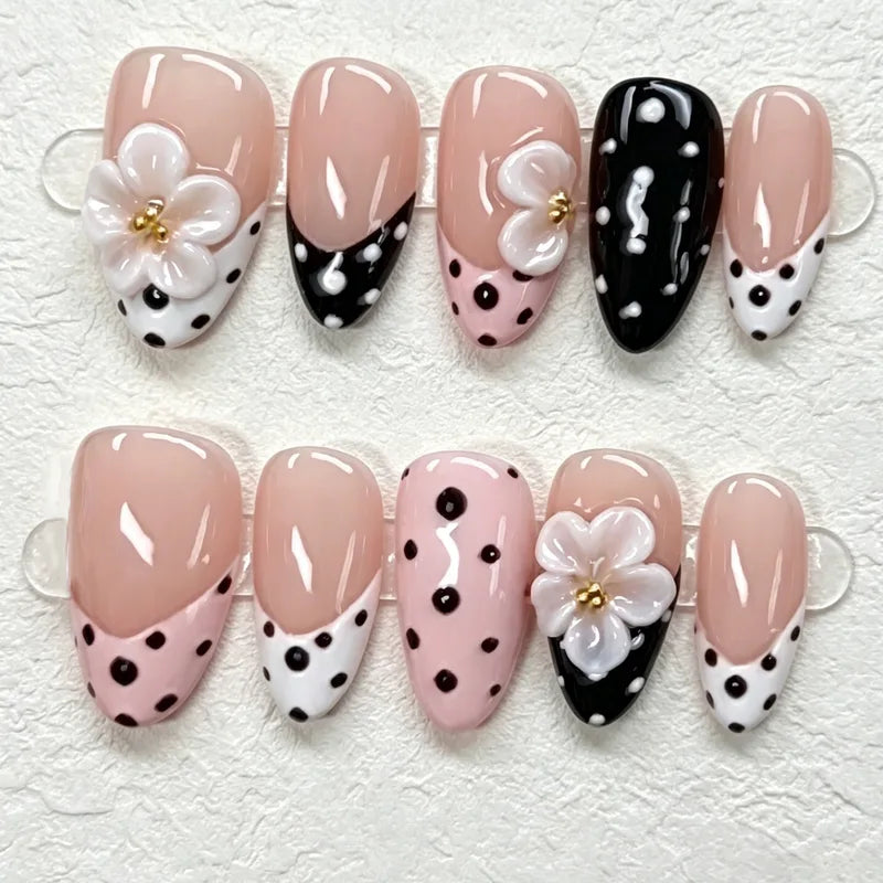 24Pcs Short Almond Fake Nail Set with French Tips & Polka Dots - Full Nude Colors