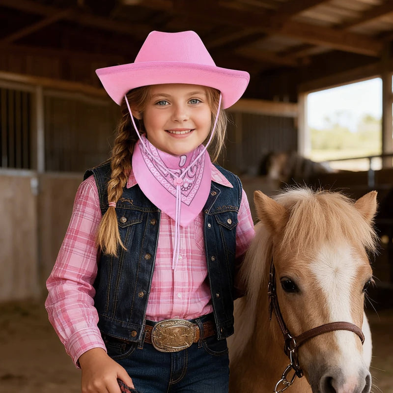 Kids Cowgirl Costume Western Hat and Bandana Set - Role Play Accessories for Halloween