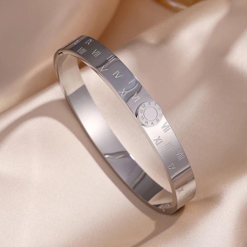 Minimalist Roman Numerals Stainless Steel Bracelet Set for Women - Waterproof Jewelry Gift