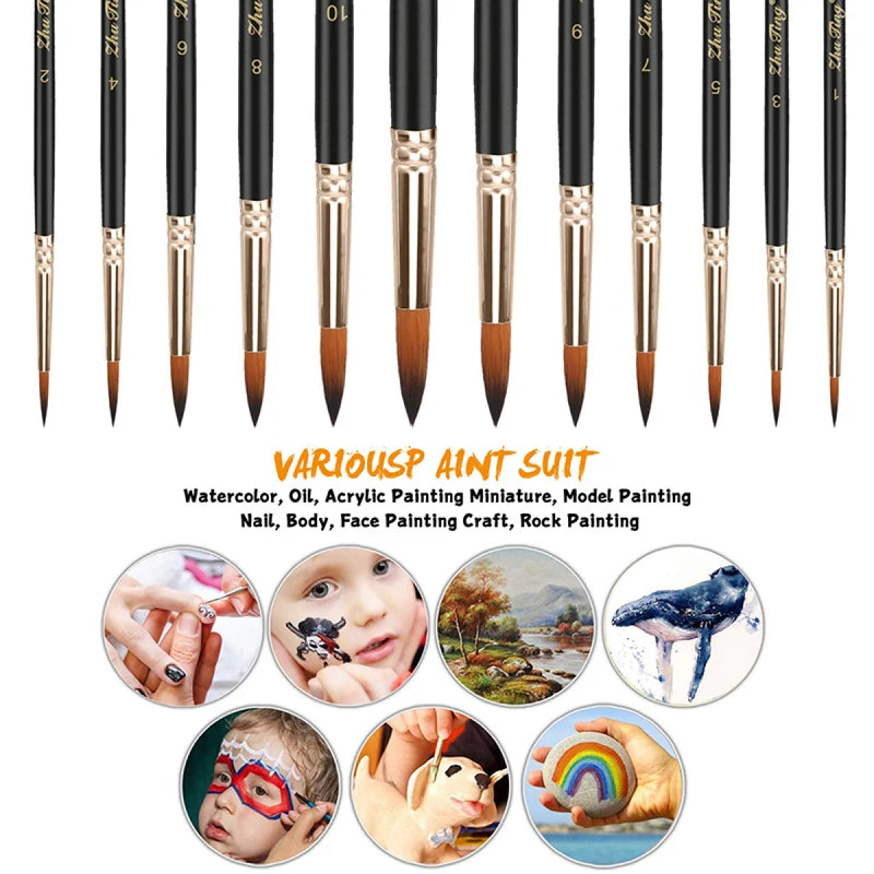 12-Piece Professional Paint Brush Set - Nylon Hair Acrylic Watercolor Oil