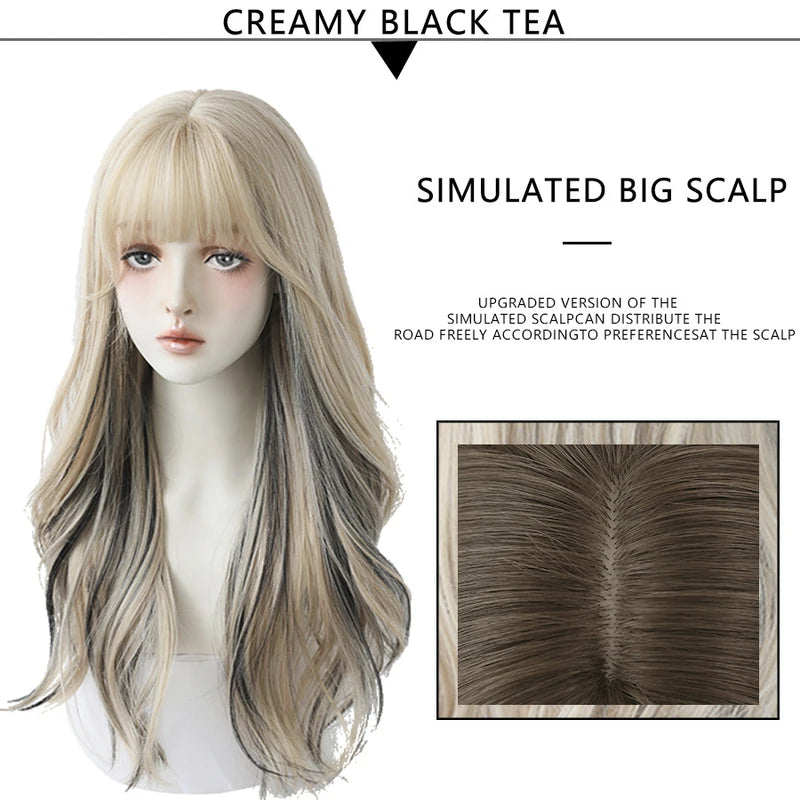 Long Wavy Curly Wigs for Women - Natural Highlights, Heat Resistant Synthetic Hair