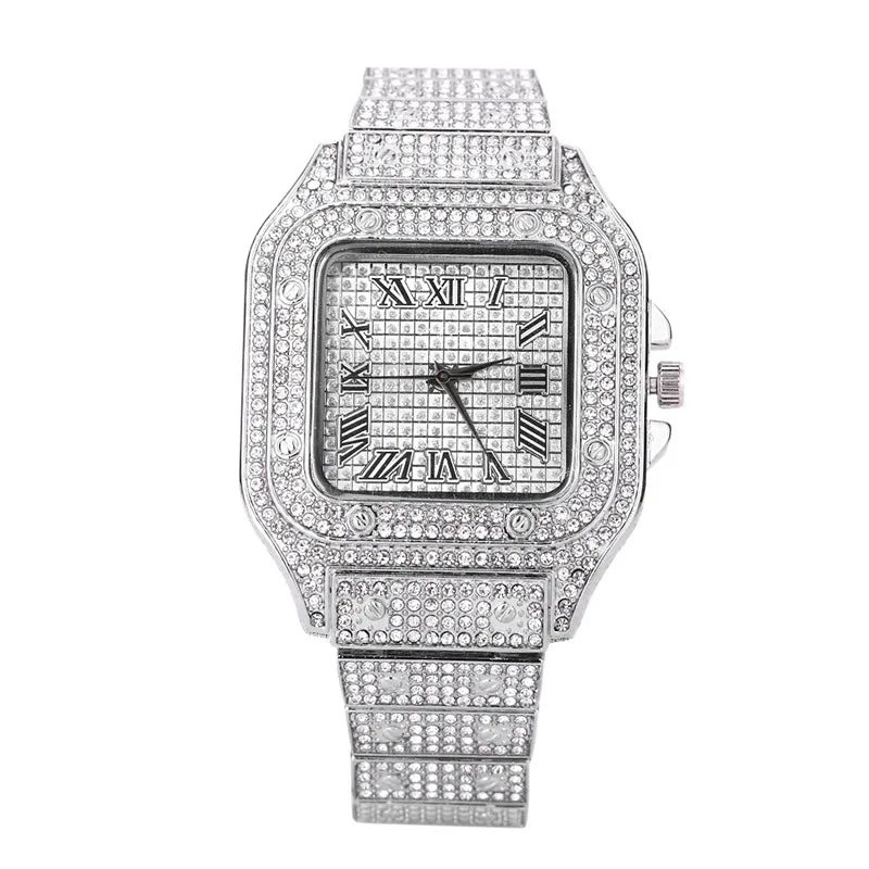 Luxury Diamond Square Quartz Watch for Men and Women with Stainless Steel Strap