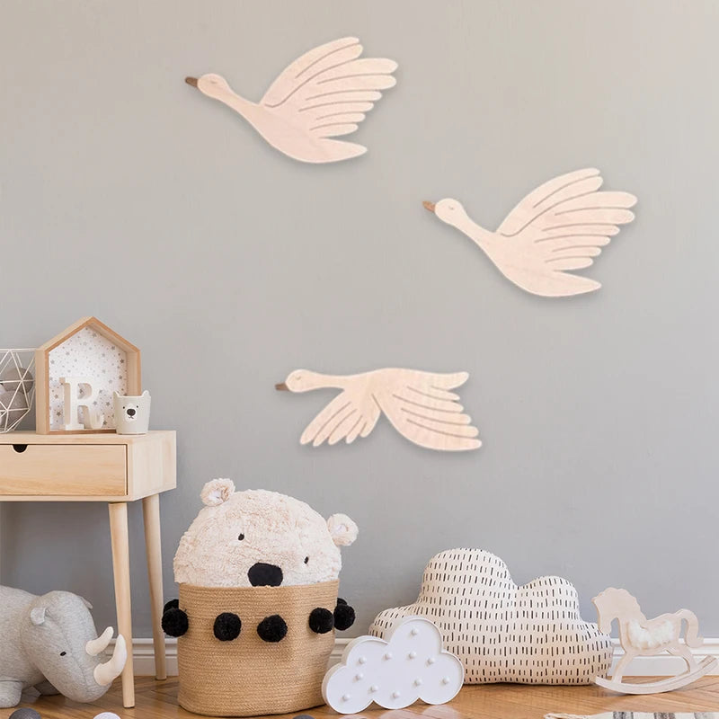 Wooden Geese Wall Art - Family of 3 Flying Bird Decor for Kids Room & Holidays